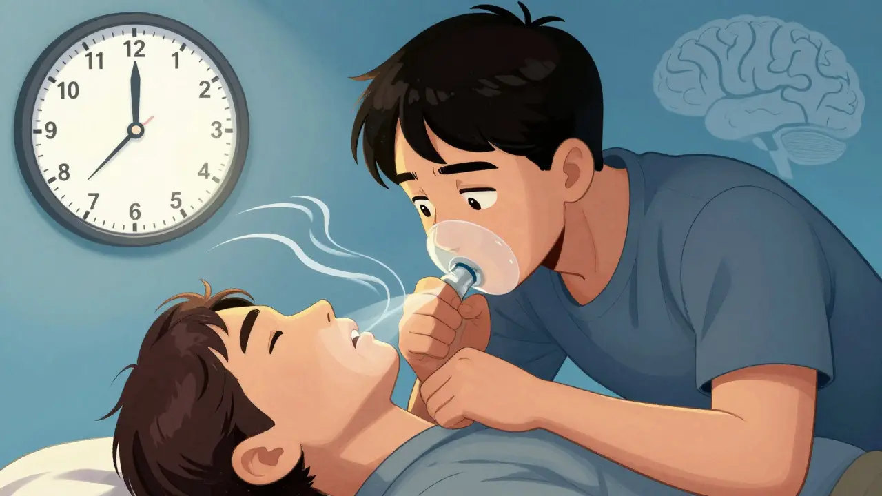 Someone giving rescue breaths to an unconscious person, chest rising with each breath.