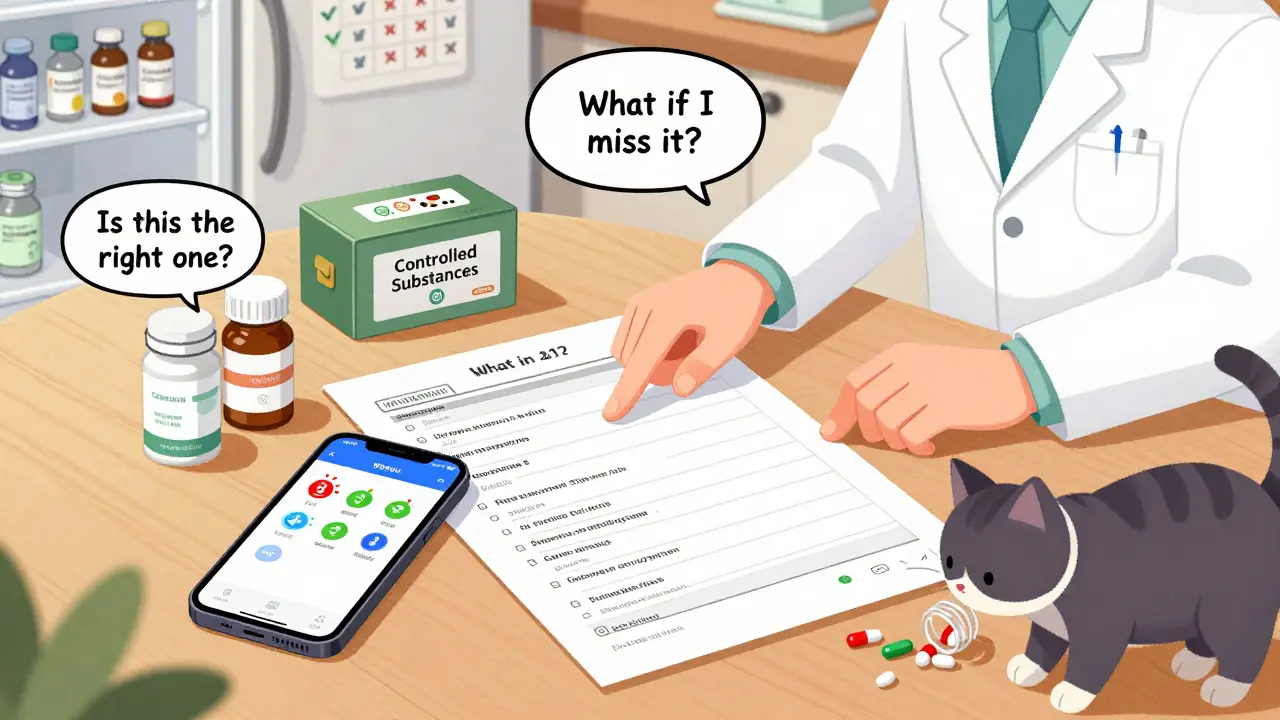 Someone reviewing a medication list on a tablet with a pharmacist nearby, pill bottles and alarm icons visible.