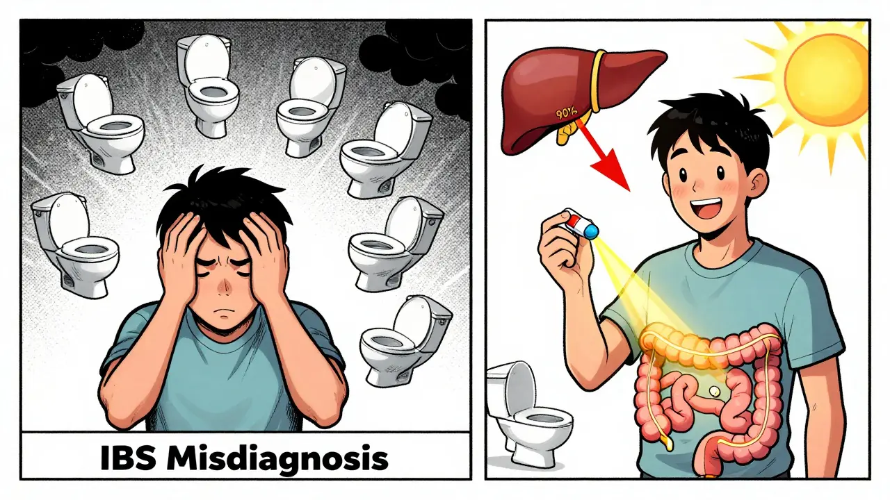 Split comic panel: chaotic diarrhea vs. calm remission with budesonide pill emitting targeted light through colon.