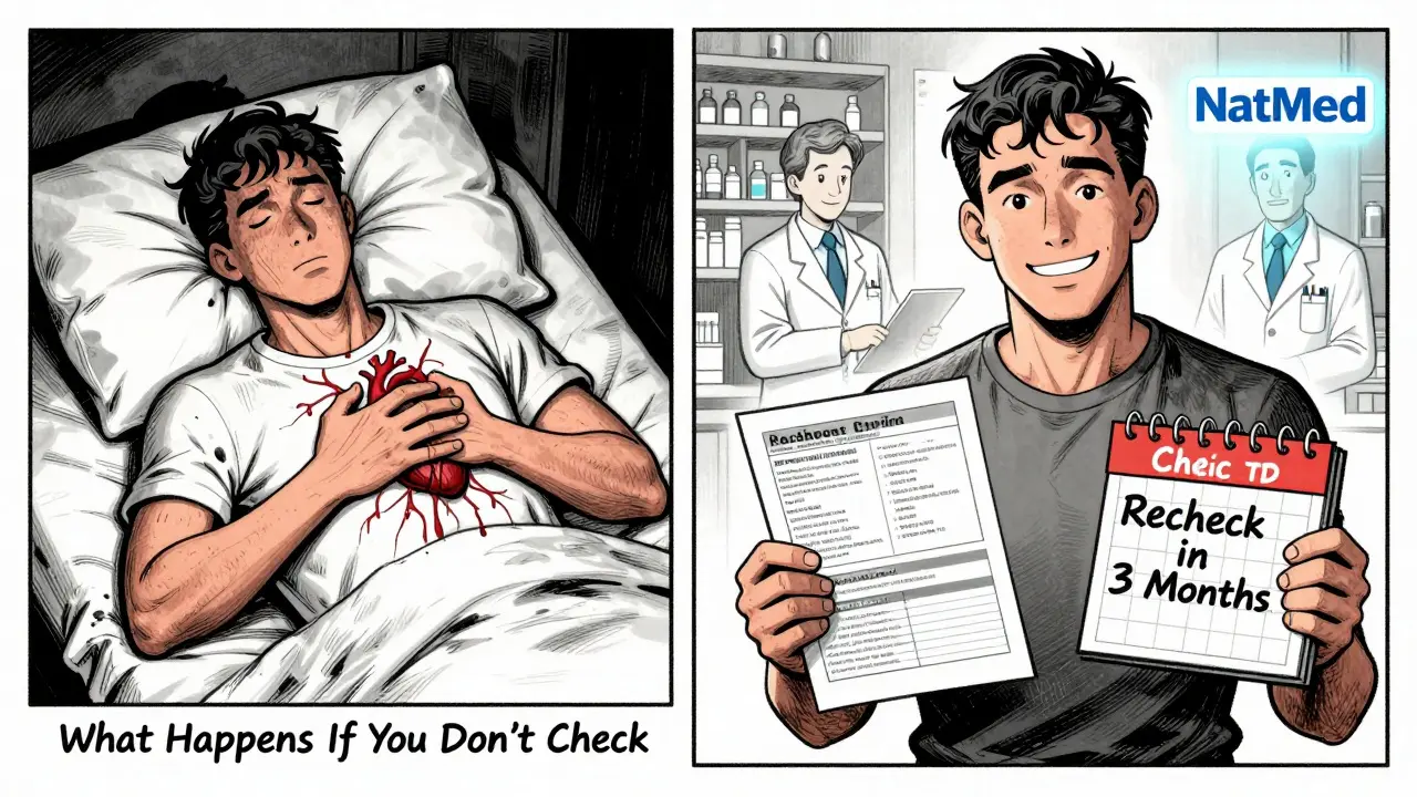 Split image: one side shows medical emergency from unchecked interactions, other shows safe, informed patient.