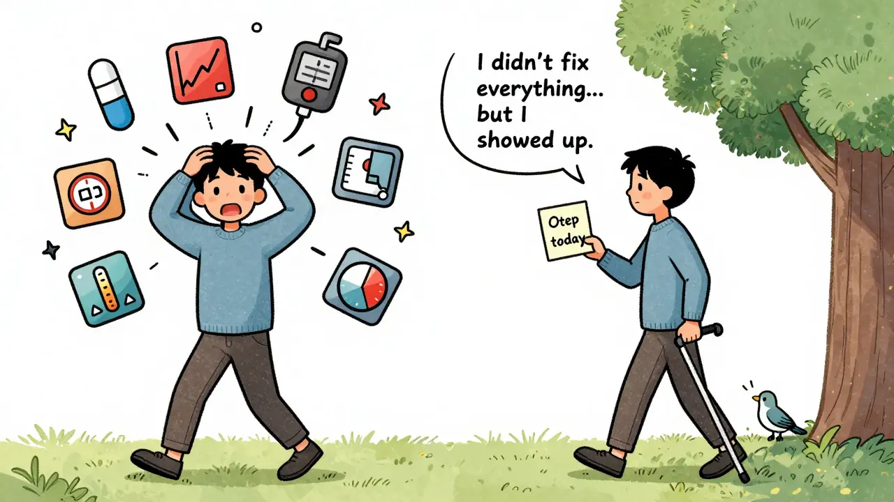 Split image: overwhelmed by health icons vs. calm person walking outside with a sticky note saying 'One step today'.