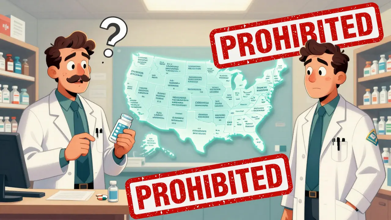 Split-panel cartoon showing conflicting state laws on drug substitution across Texas and California.