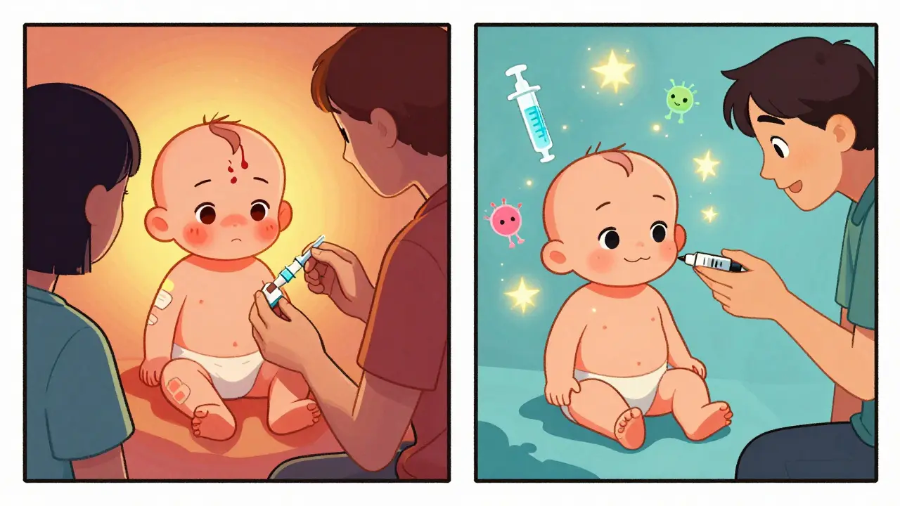 Split scene: baby with fever right after vaccine vs. same baby calm 4 hours later with medicine and glowing antibodies