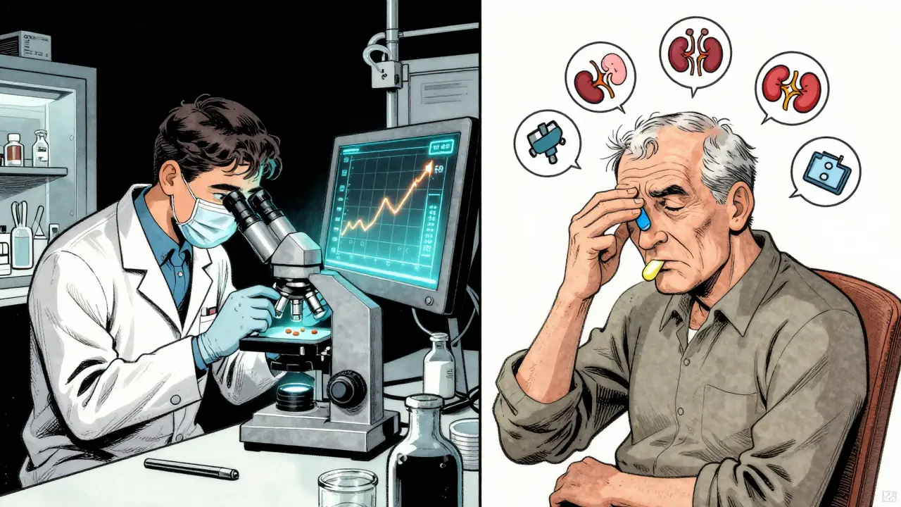 Split scene: lab technician testing pill dissolution vs. elderly man feeling dizzy after switching generics.
