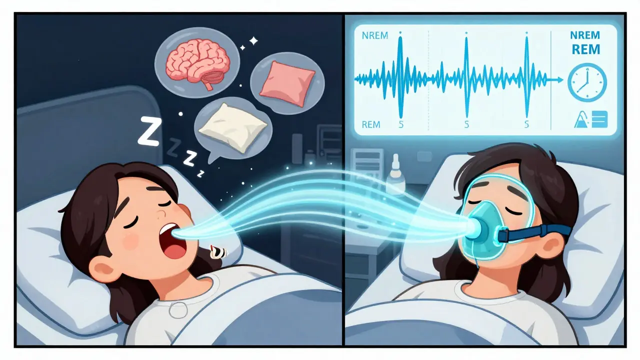 Split-screen illustration showing obstructed breathing vs. corrected airflow with animated brain sleep stages.