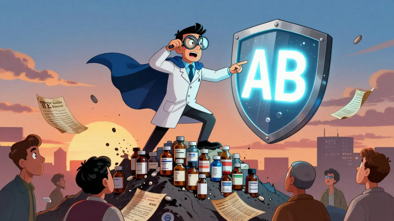 TE Code Detective in a lab coat defeating outdated drug confusion with an AB shield.