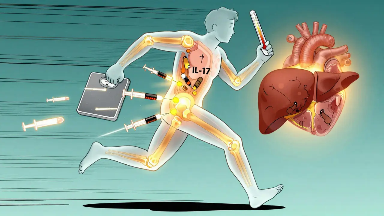 Transparent figure with biologic drugs blocking immune cells, showing improved joints and organs.
