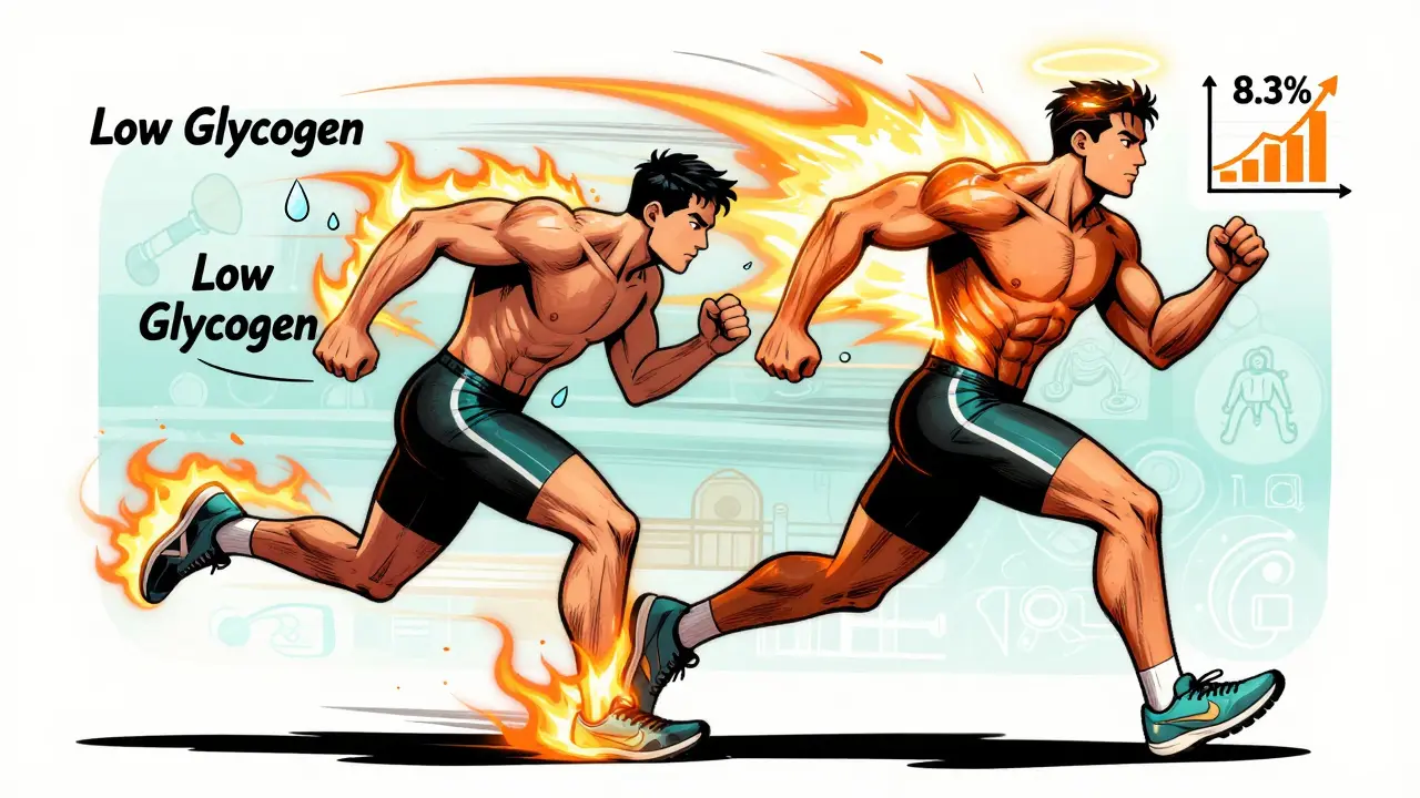 Two athletes running—one fasted and tired, one fed and energetic—with performance graphs floating above them.