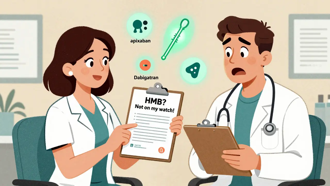 Woman giving medical guidelines to a surprised doctor, with icons of blood thinners and IUD glowing nearby.