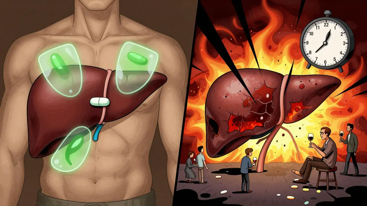 A healthy liver on one side and a damaged liver on the other, with glowing protective shields versus black toxic spikes attacking liver cells.