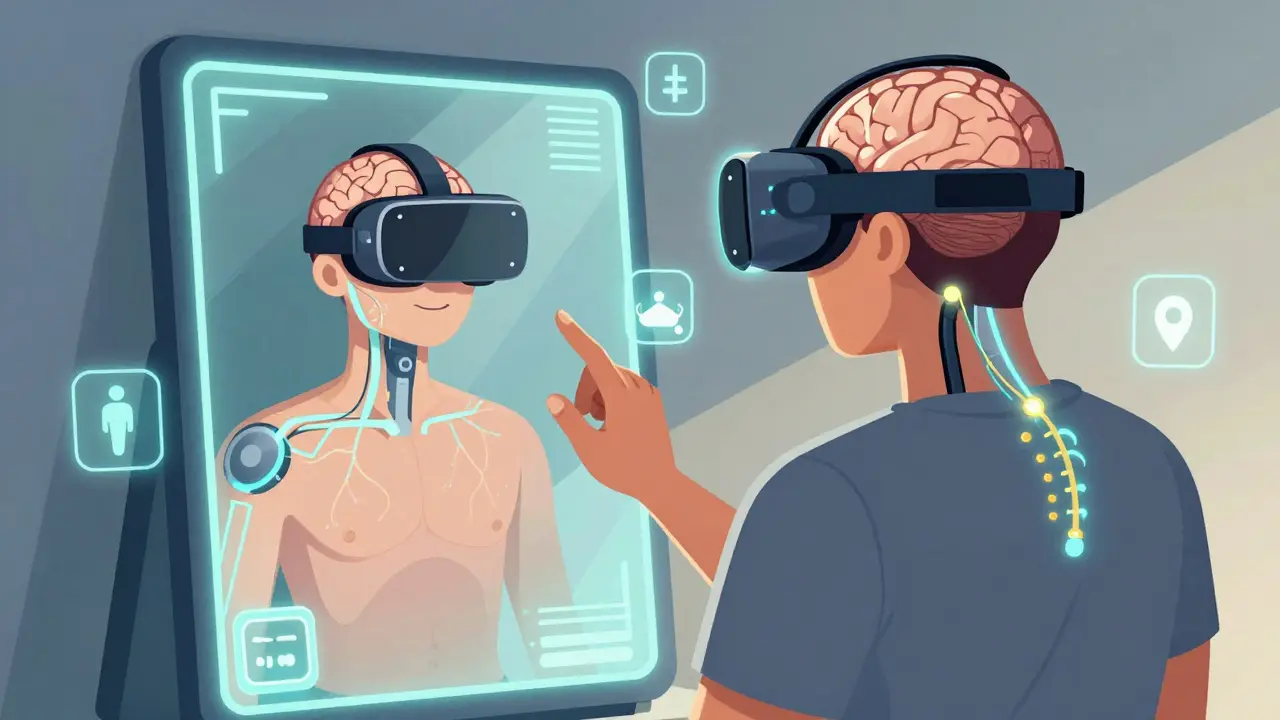 A person wearing a VR headset, seeing a digital phantom limb move in sync with their real one, neural pathways calming.