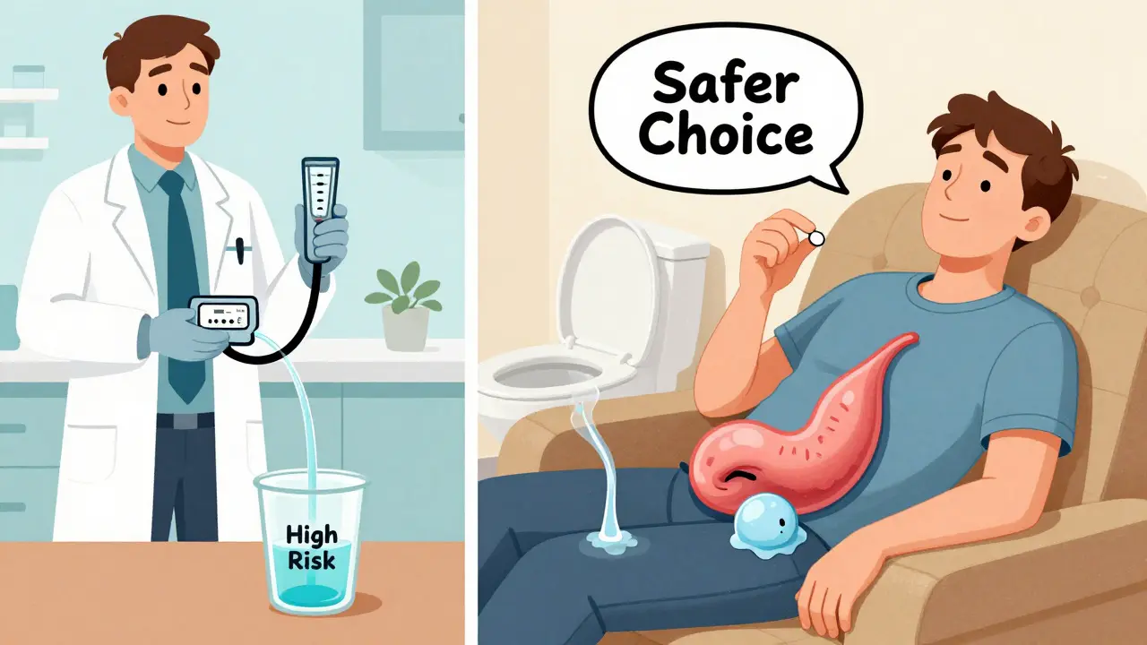 A split illustration comparing high-risk anticholinergic use with a safer alternative: one side shows blocked flow, the other smooth urination with a beta-3 agonist.