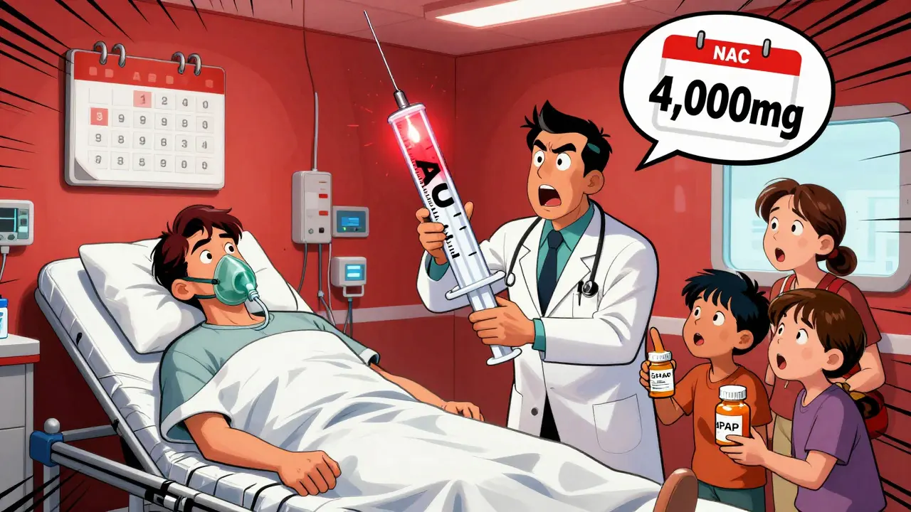 An emergency room scene with a doctor administering an antidote syringe while a clock ticks down, surrounded by pill bottles and worried family.