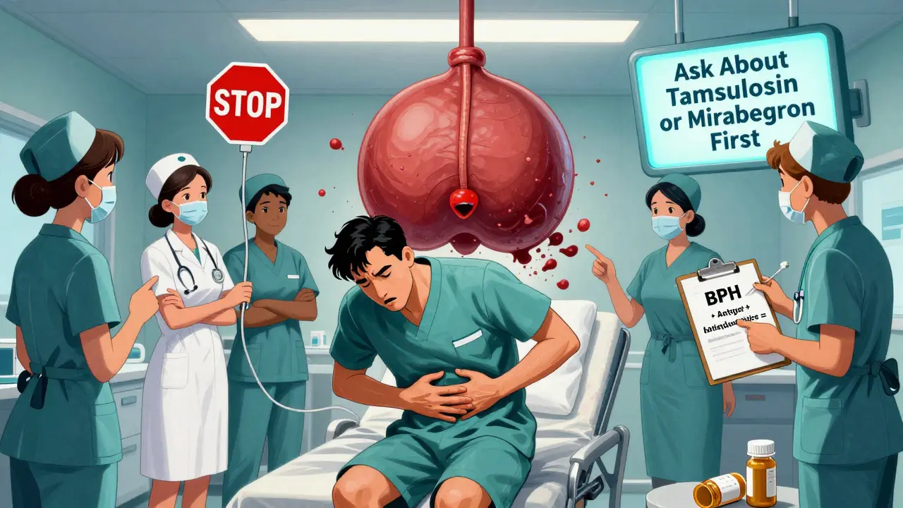 An emergency room scene with a man in pain, a massively overdistended bladder, and medical staff reacting as a warning sign highlights the danger of anticholinergics in BPH.