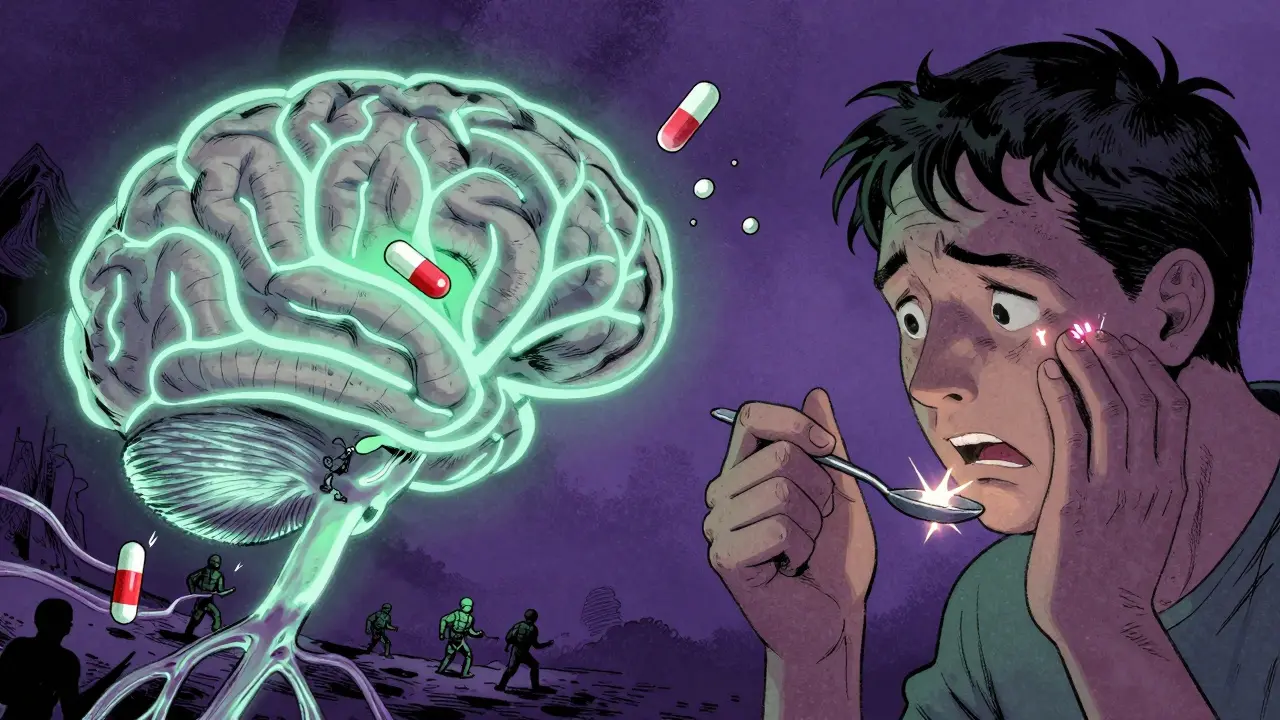 Brain with dimming nerves as a heartburn pill dissolves above, patient struggling to hold a spoon.