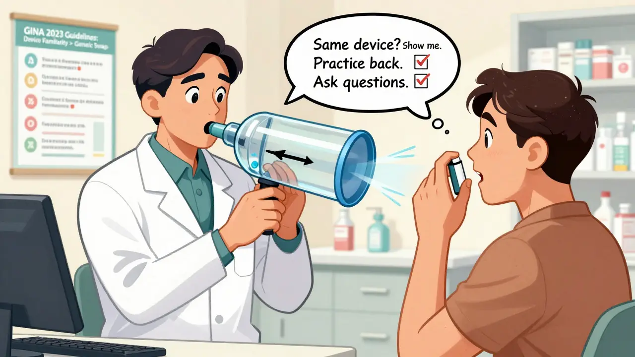 Doctor demonstrating inhaler technique to patient using a model device, with checklist thought bubble showing key safety steps.