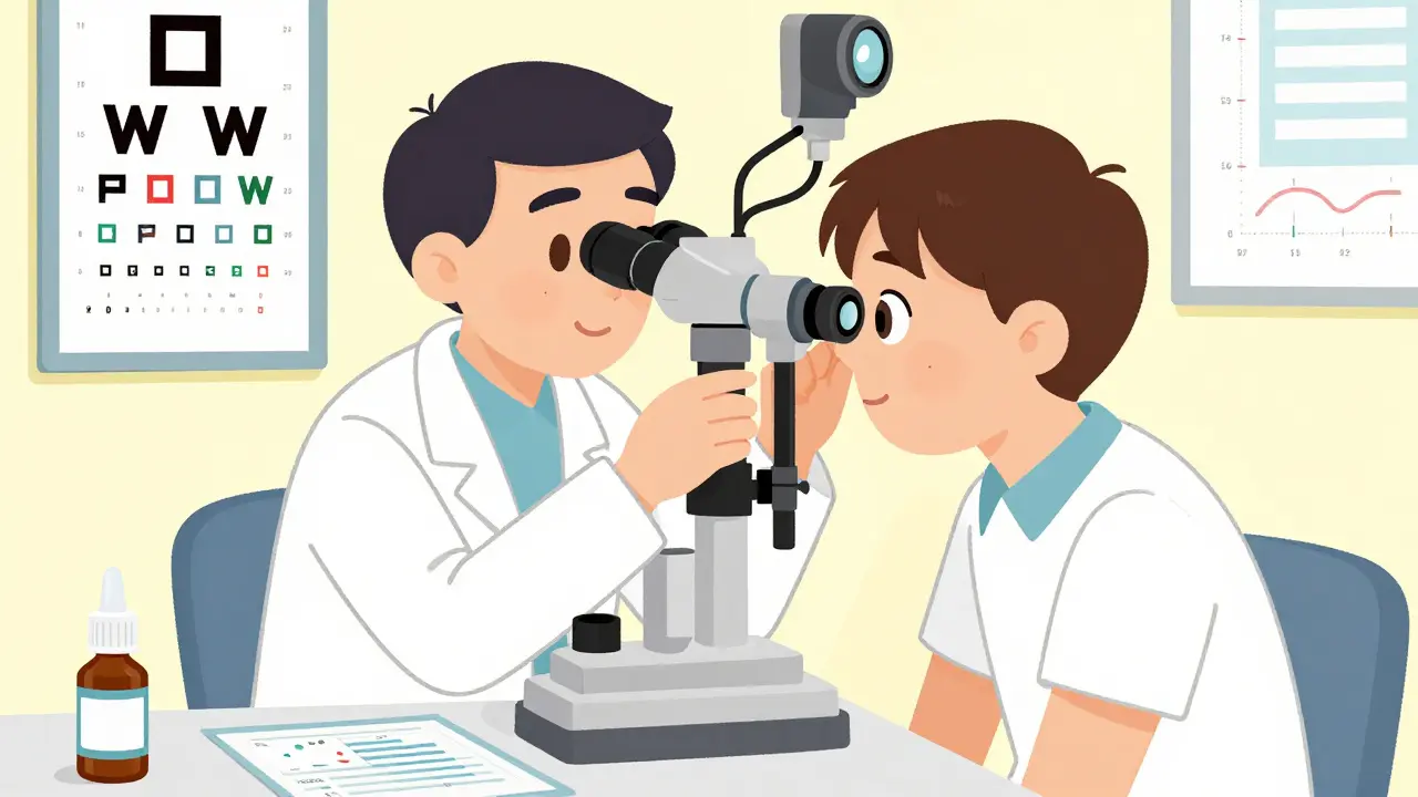 Optometrist examining eye with slit-lamp, monitoring tools and NSAID drops visible