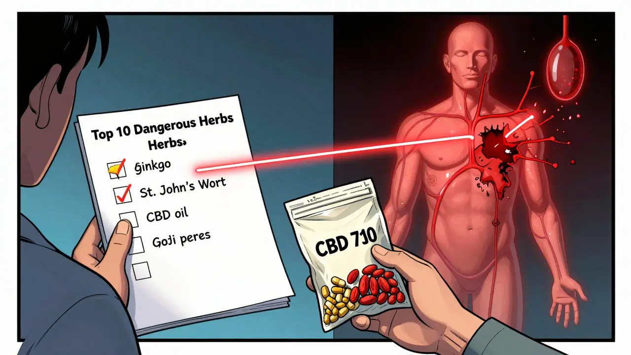 Pharmacist reviewing dangerous herbs while a schematic body shows bleeding connections.
