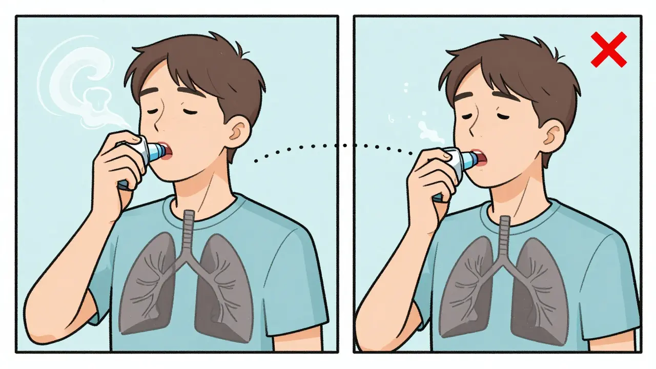 Side-by-side comparison of correct and incorrect inhaler use, showing medicine reaching lungs vs. escaping into mouth.