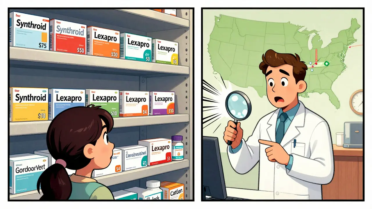 Side-by-side comparison of expensive brand-name drugs versus low-cost generics on pharmacy shelves.