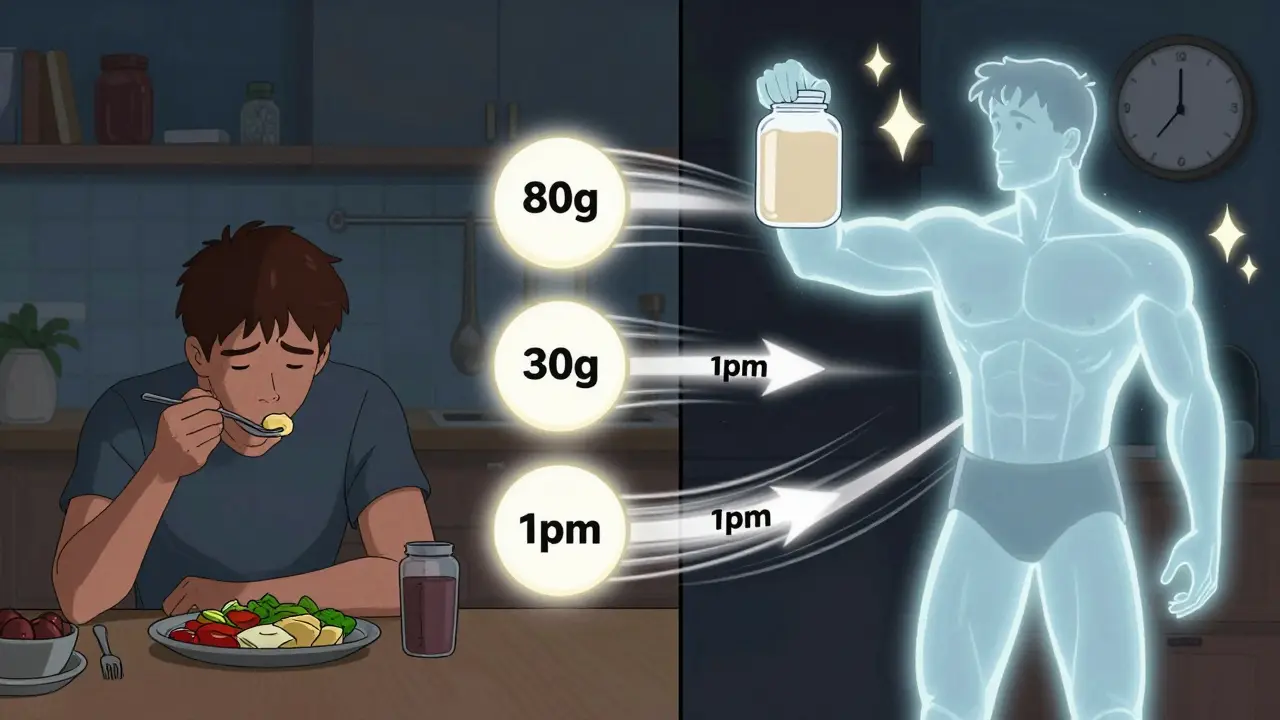 Split illustration comparing uneven vs. balanced protein intake across the day.