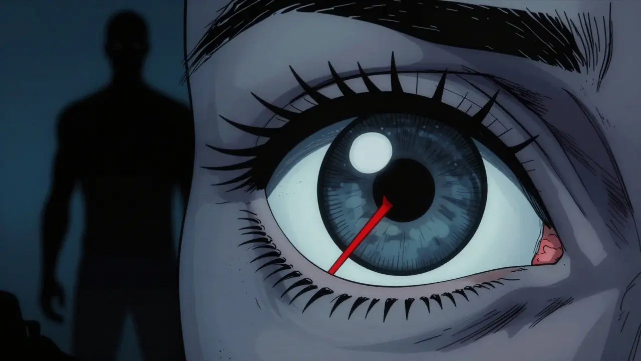 Stylized eye with rising pressure gauge and glaucoma shadow, cataract cloud forming