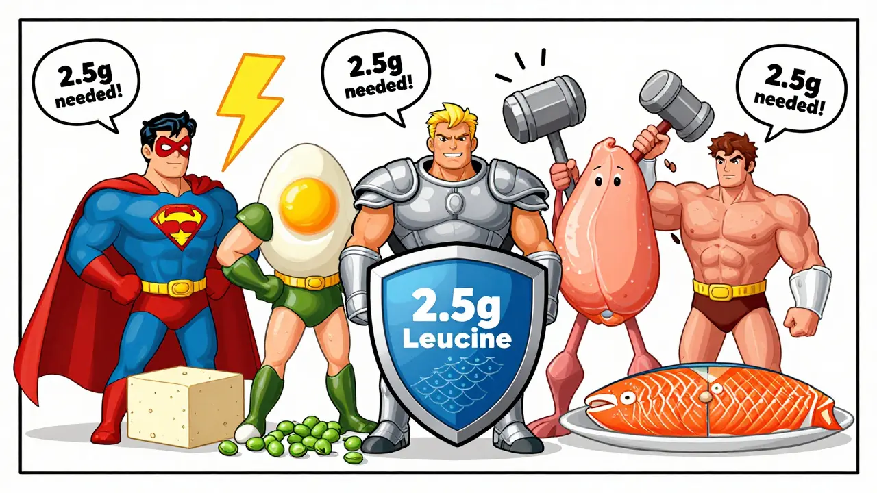 Superhero-style foods representing leucine sources, with plant-based foods needing enhancement.