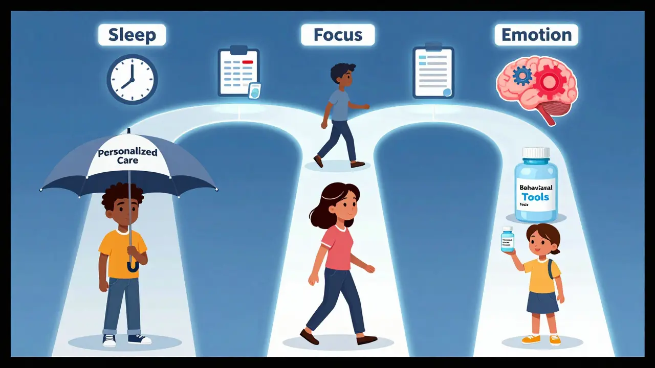 Three diverse people walking on personalized paths under an umbrella labeled 'Personalized Care,' with medication and behavioral icons above them.
