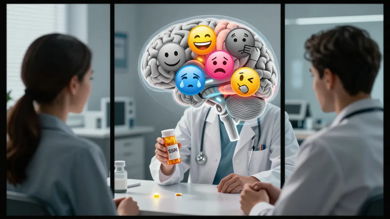 A brain illustration shows serotonin overloading emotional centers, turning feelings gray, with a bupropion pill nearby as an alternative.