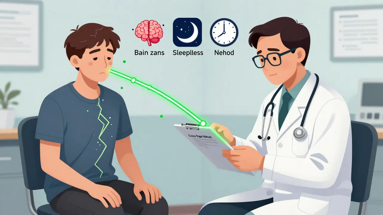 A doctor and patient in a consultation room, with one half of the patient's body calm and the other fractured, as icons of withdrawal float above them during a cross-taper transition.