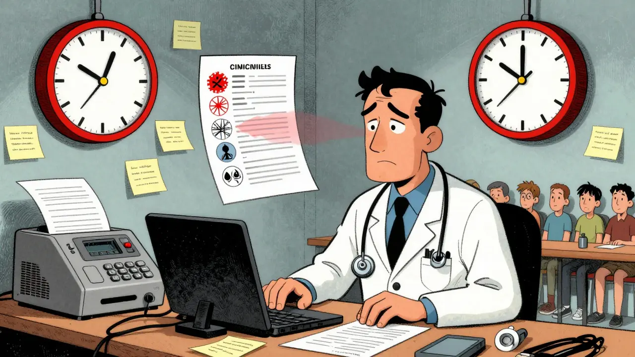 A doctor overwhelmed by paper bureaucracy as patient health icons fade, representing time-sensitive treatment gaps.