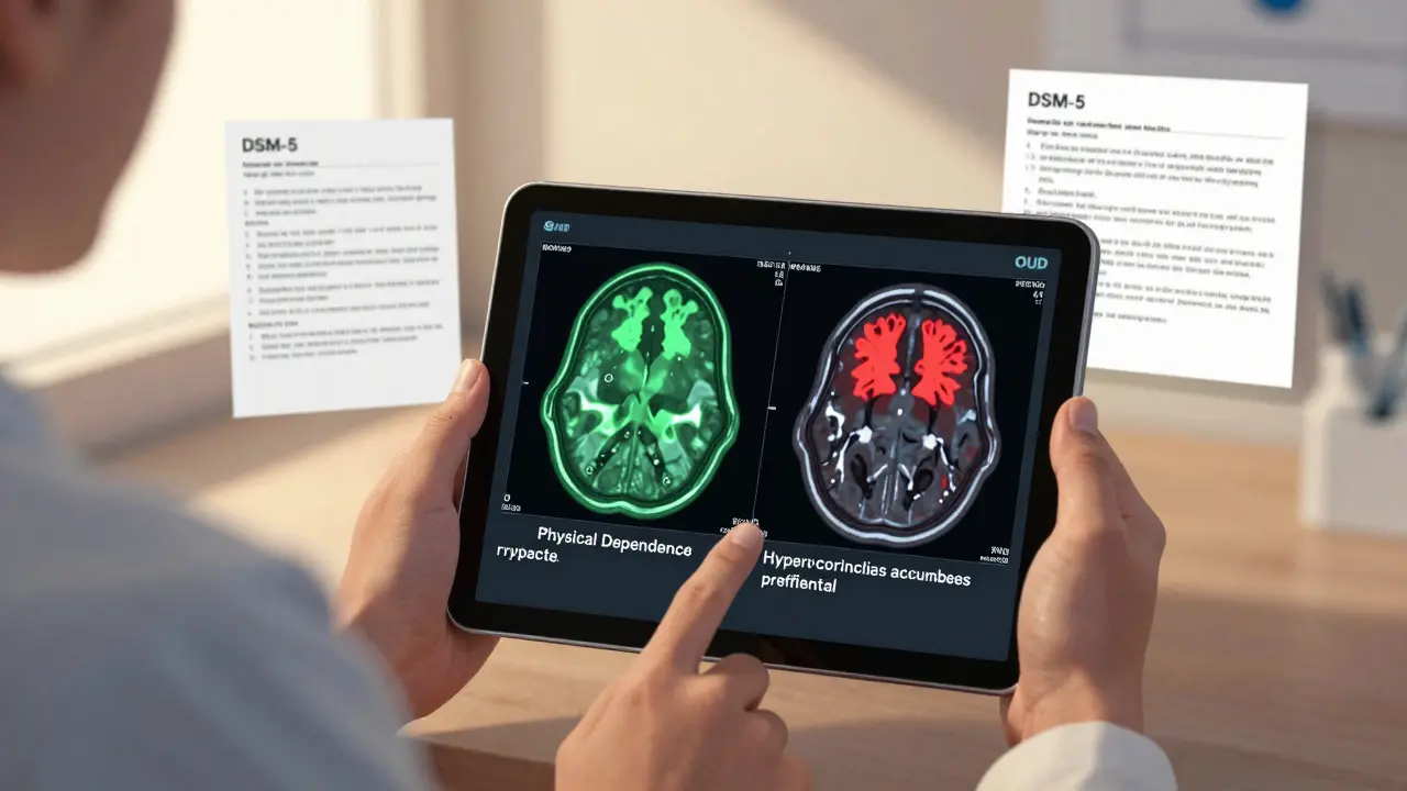 A doctor viewing an fMRI brain scan comparing normal opioid dependence to OUD, with brain activity visualized in color-coded circuits.