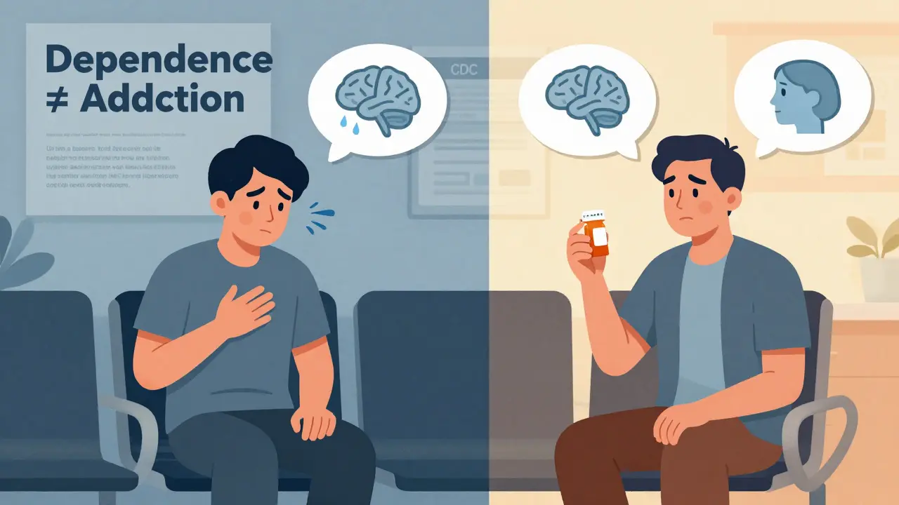 A patient in a clinic comparing thoughts of withdrawal fear versus recovery with MAT, illustrated in a split-panel narrative.