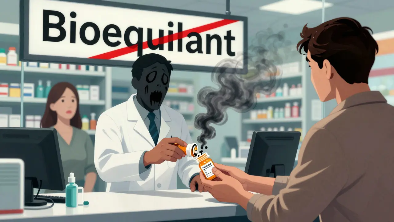 A patient receives a generic pill bottle that cracks and releases dark smoke, while their reflection shows a hollow version of themselves, representing psychological betrayal.