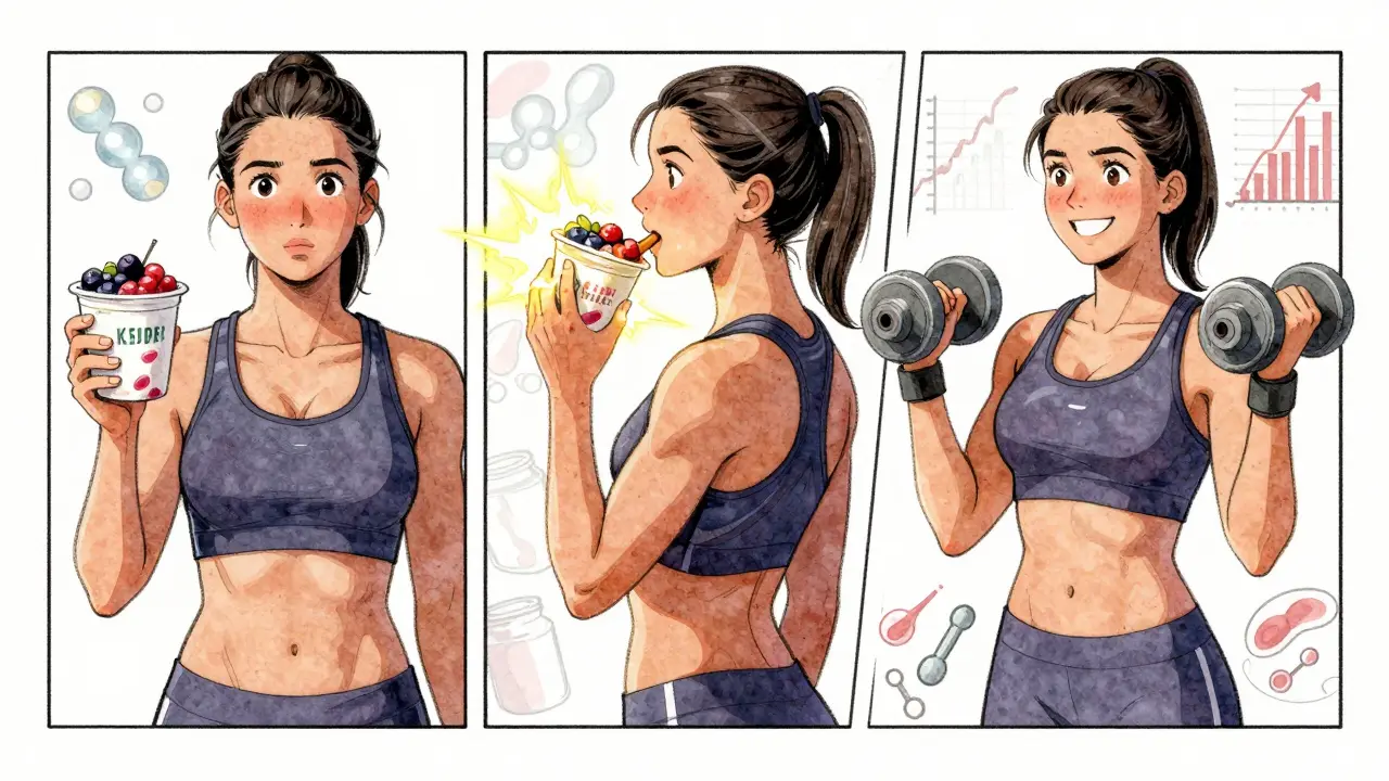 A person enjoying yogurt with berries after a workout, glowing with energy and lifting weights.