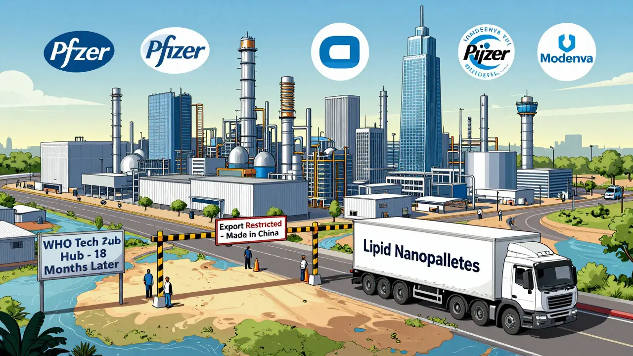 A South African vaccine factory producing doses while lipid nanoparticle shipments are blocked at a border checkpoint.