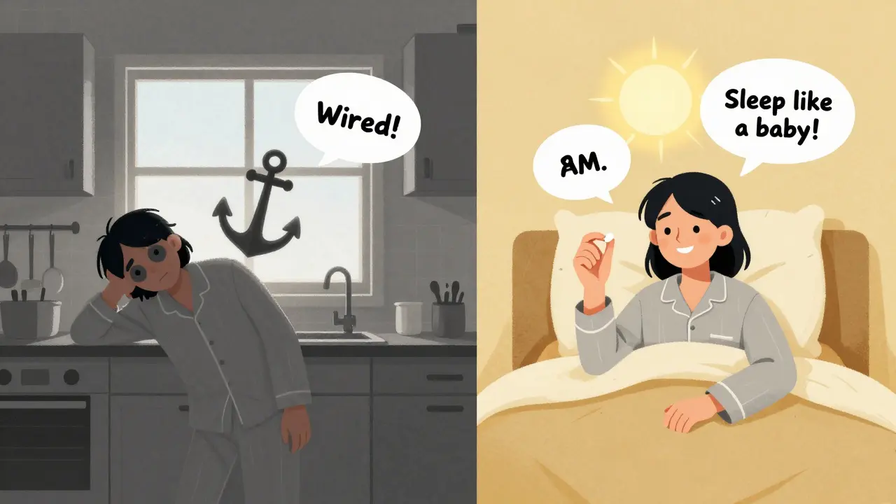 A split scene shows one person groggy at noon with a 30mg pill and another alert at 8 AM with a 7.5mg pill.