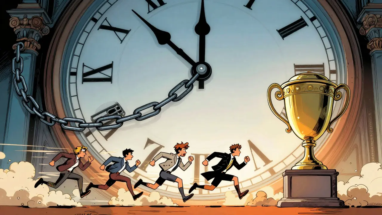 Clock with frozen hands and runners toward a trophy