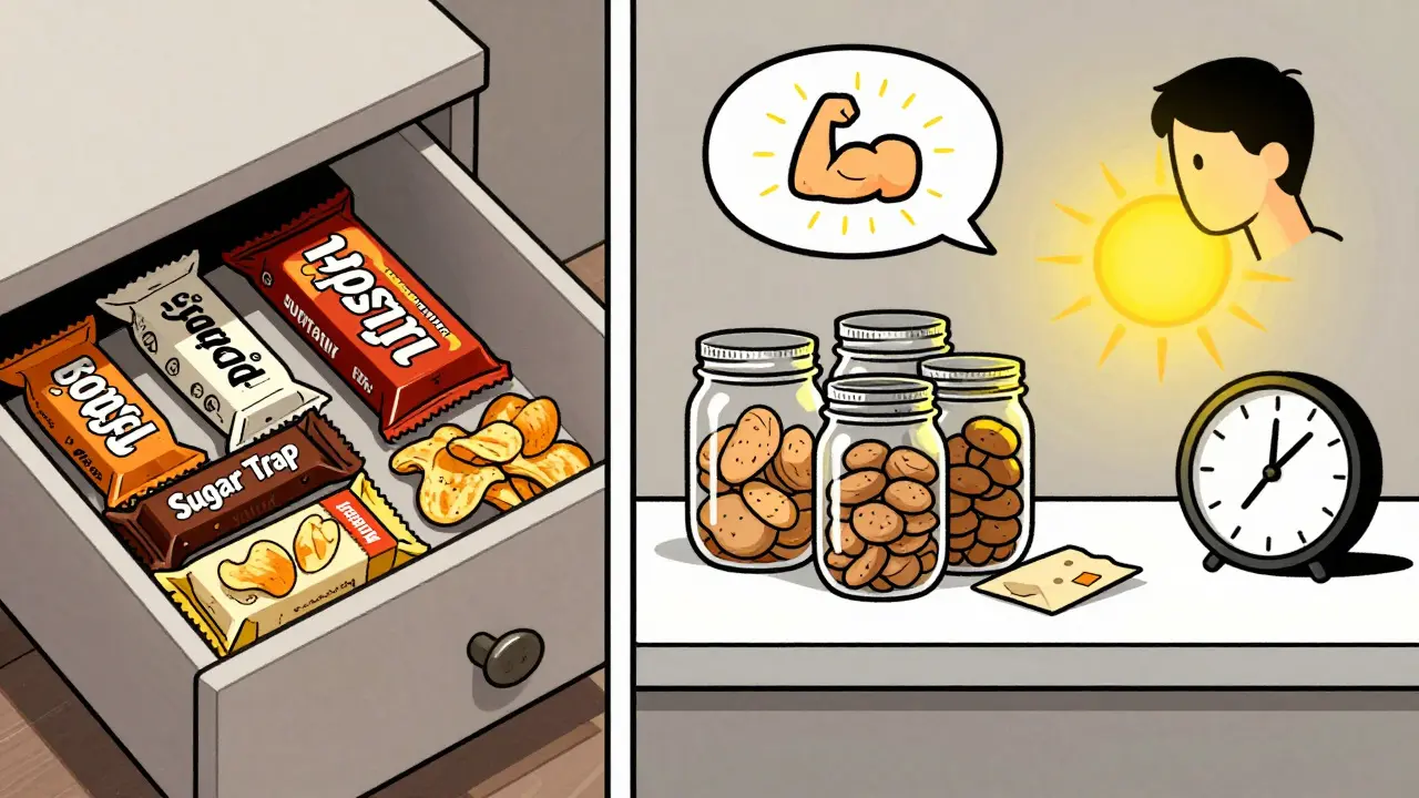 Contrast between sugary junk snacks and organized protein snacks in a kitchen, with morning light highlighting the healthier choice.