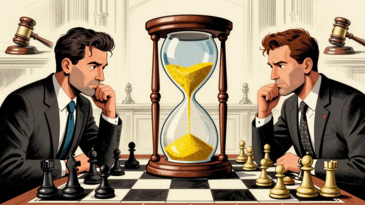 Corporate avatars playing chess with an hourglass symbolizing legal time limits