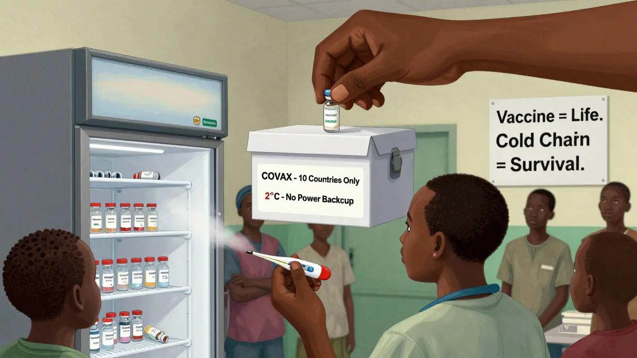 Empty refrigerators and expired vaccine vials in an African clinic, while a wealthy nation hoards doses in a locked box.