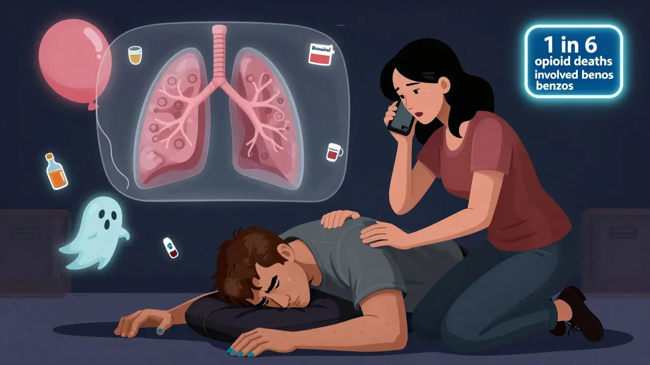 Man collapsed on floor with wife calling 911, translucent lungs collapsing, surrounded by hidden sedative icons.