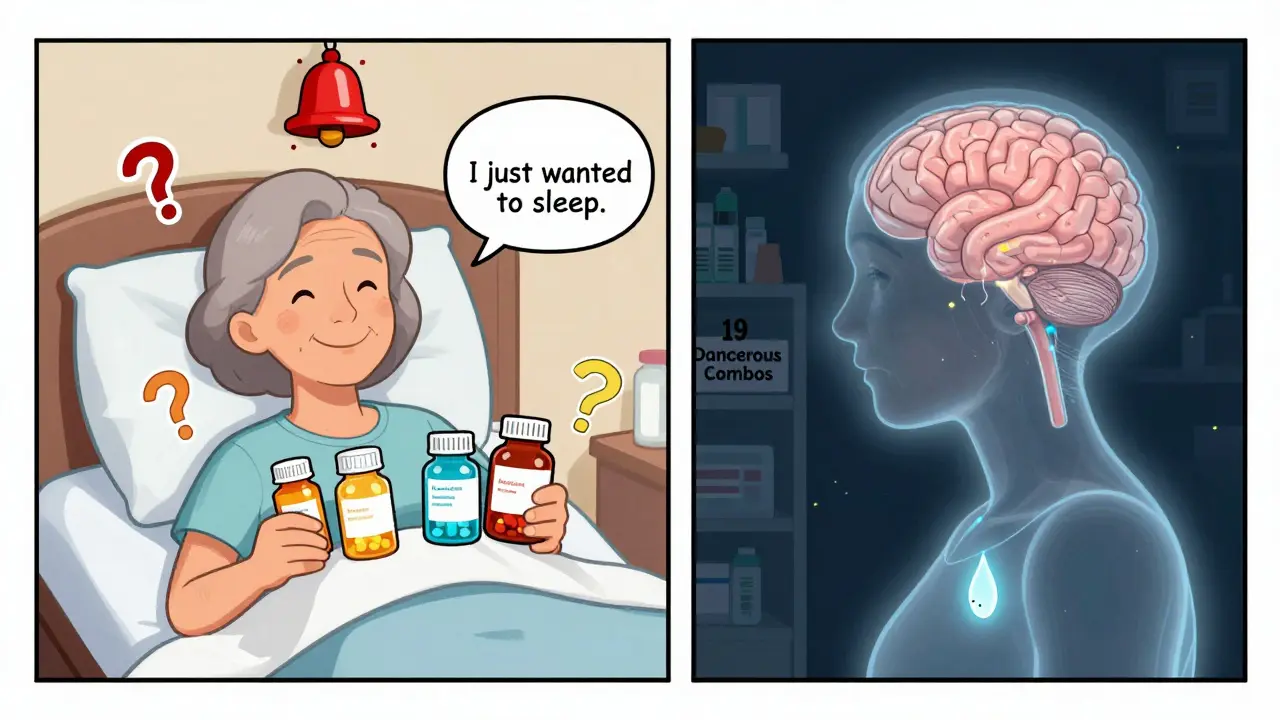 Older woman with multiple sedative pills on one side, her fading brainstem breath count on the other, highlighting overdose risk.