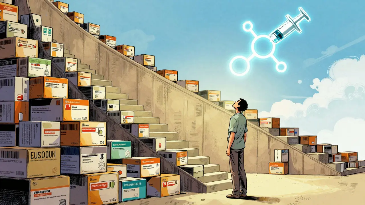 Patient looking up stairs made of pills to medical symbol.