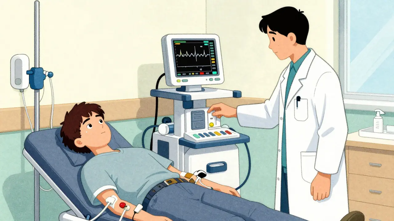Patient on dialysis machine with doctor monitoring nearby.