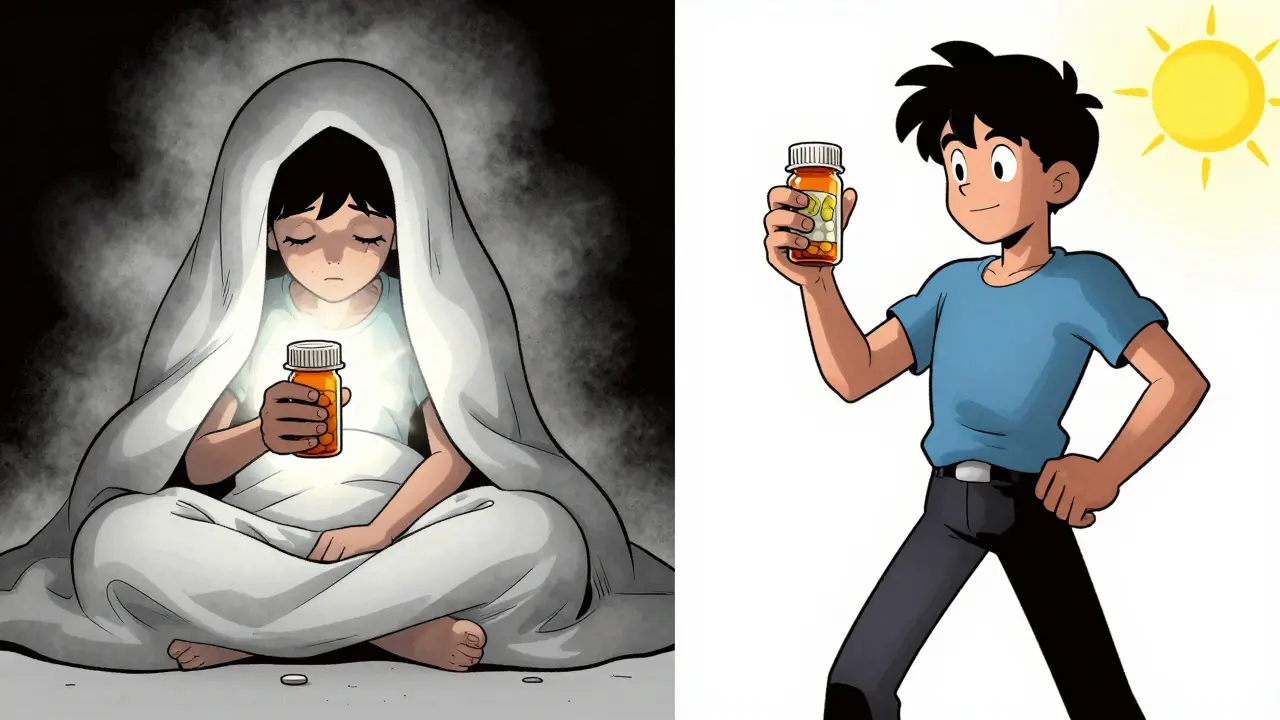 Split comic view of sleepy patient versus energetic patient.