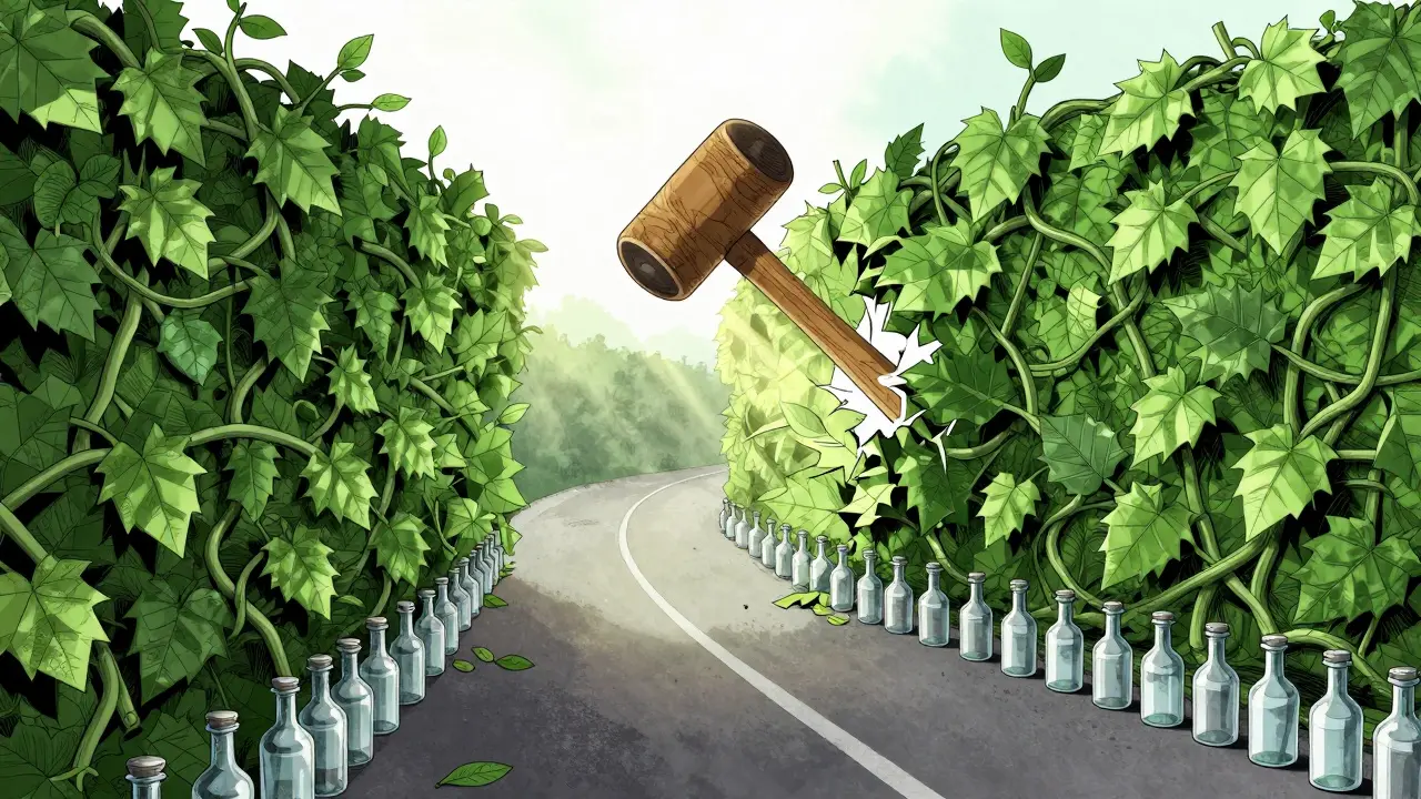 Tangled paper vines blocking a sunlit medical path