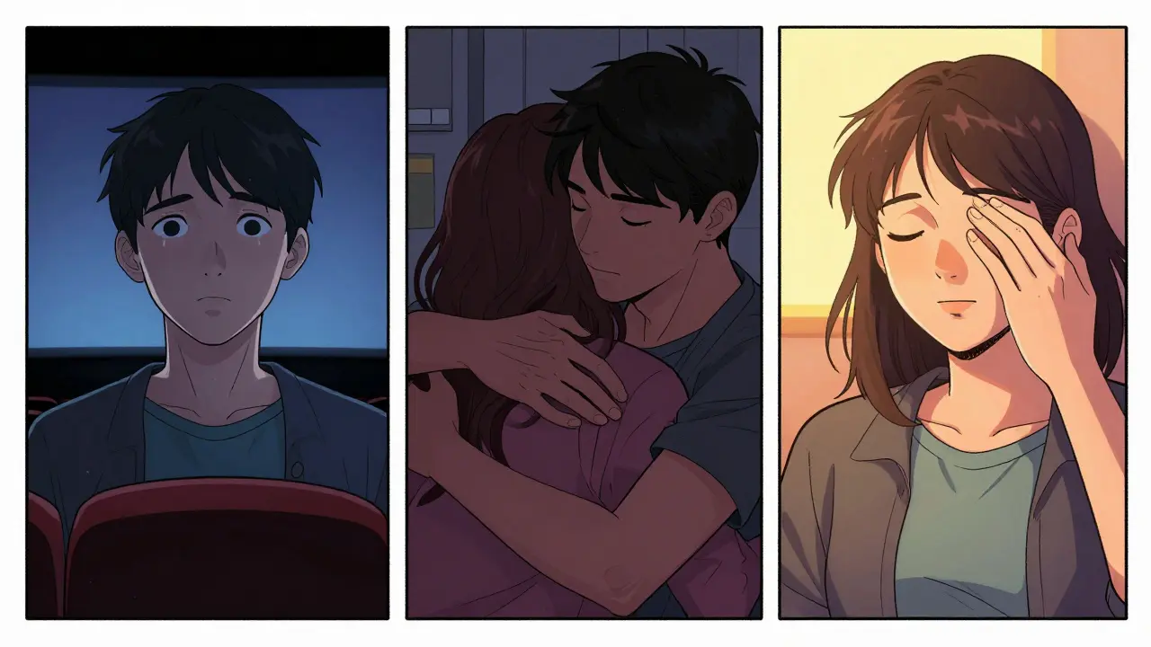 Three panels show a person gradually regaining emotion: from numbness, to mechanical interaction, to soft joy returning after switching medication.