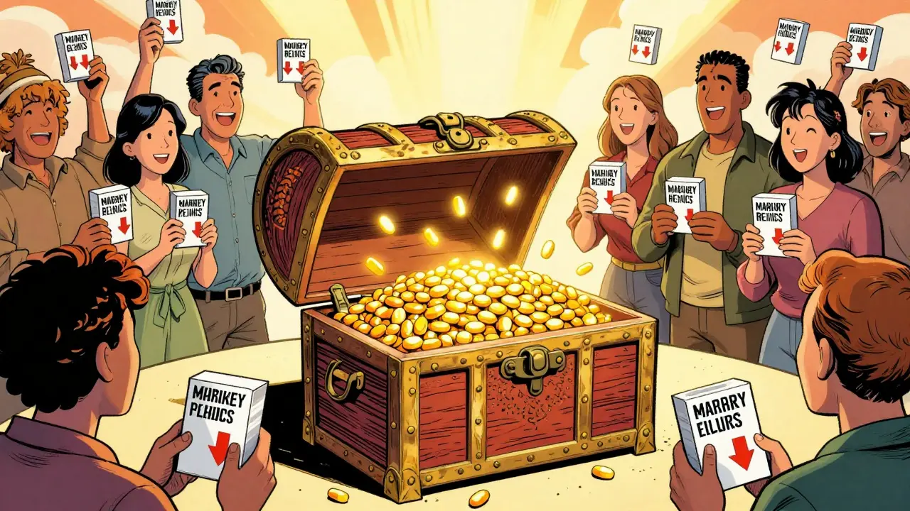 Treasure chest filled with golden pills representing generic market exclusivity