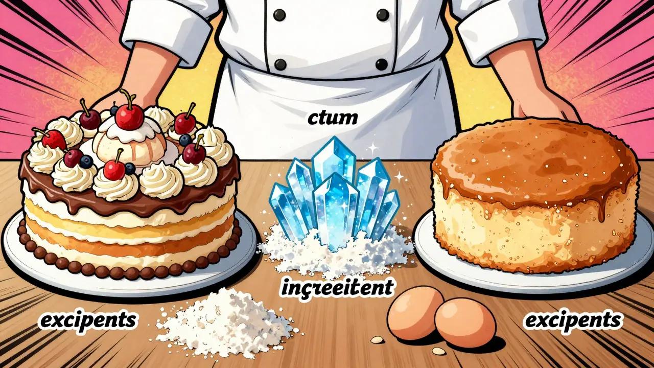 A cake baking metaphor showing sugar crystals and baking ingredients in bande dessinée style.